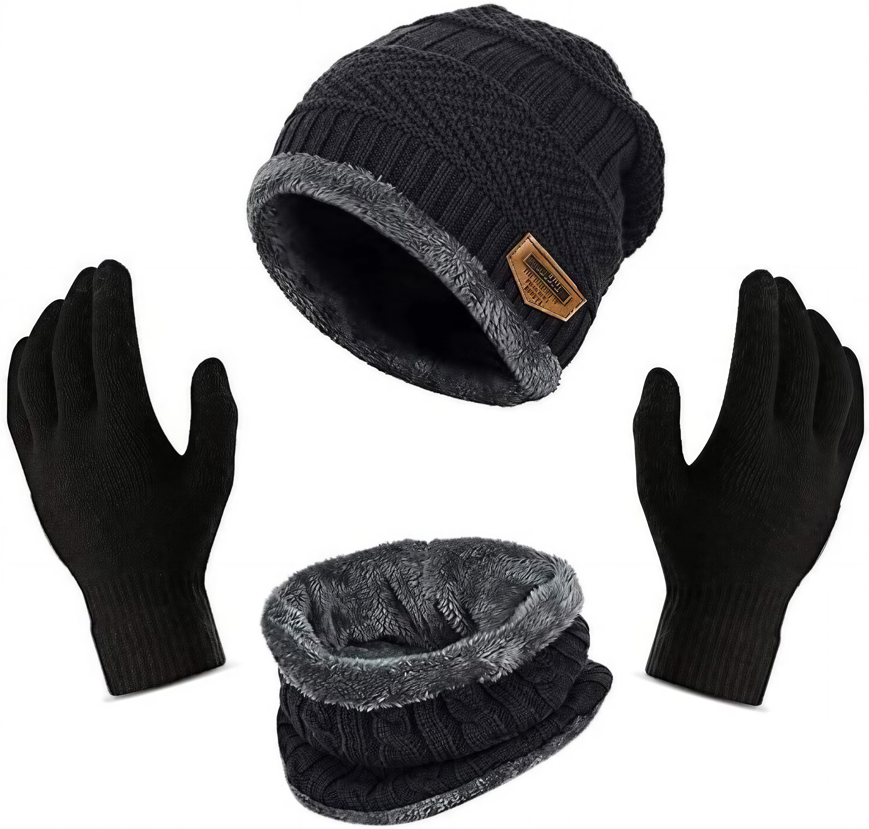 🧣 Premium Winter Warmth Set – Knitted Beanie, Fleece Neck Warmer & Thermal Gloves | Ultimate Cold Protection