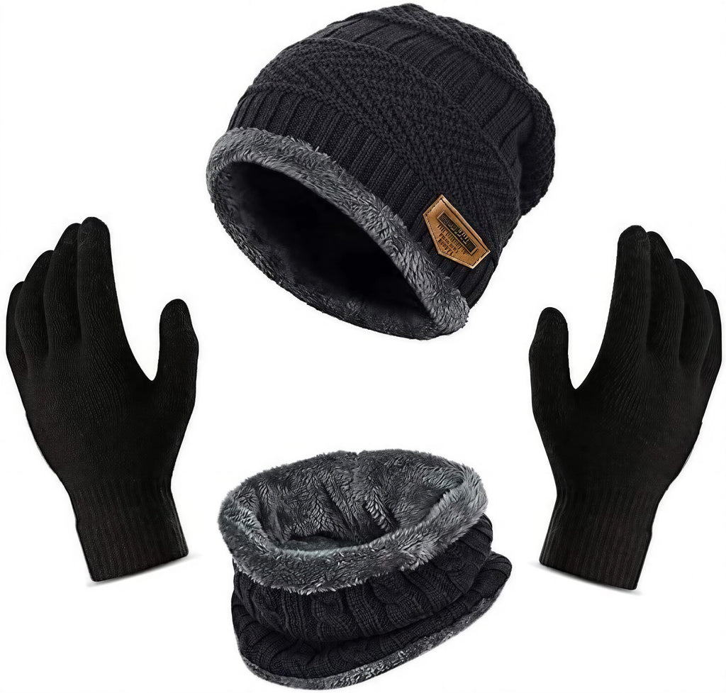 🧣 Premium Winter Warmth Set – Knitted Beanie, Fleece Neck Warmer & Thermal Gloves | Ultimate Cold Protection